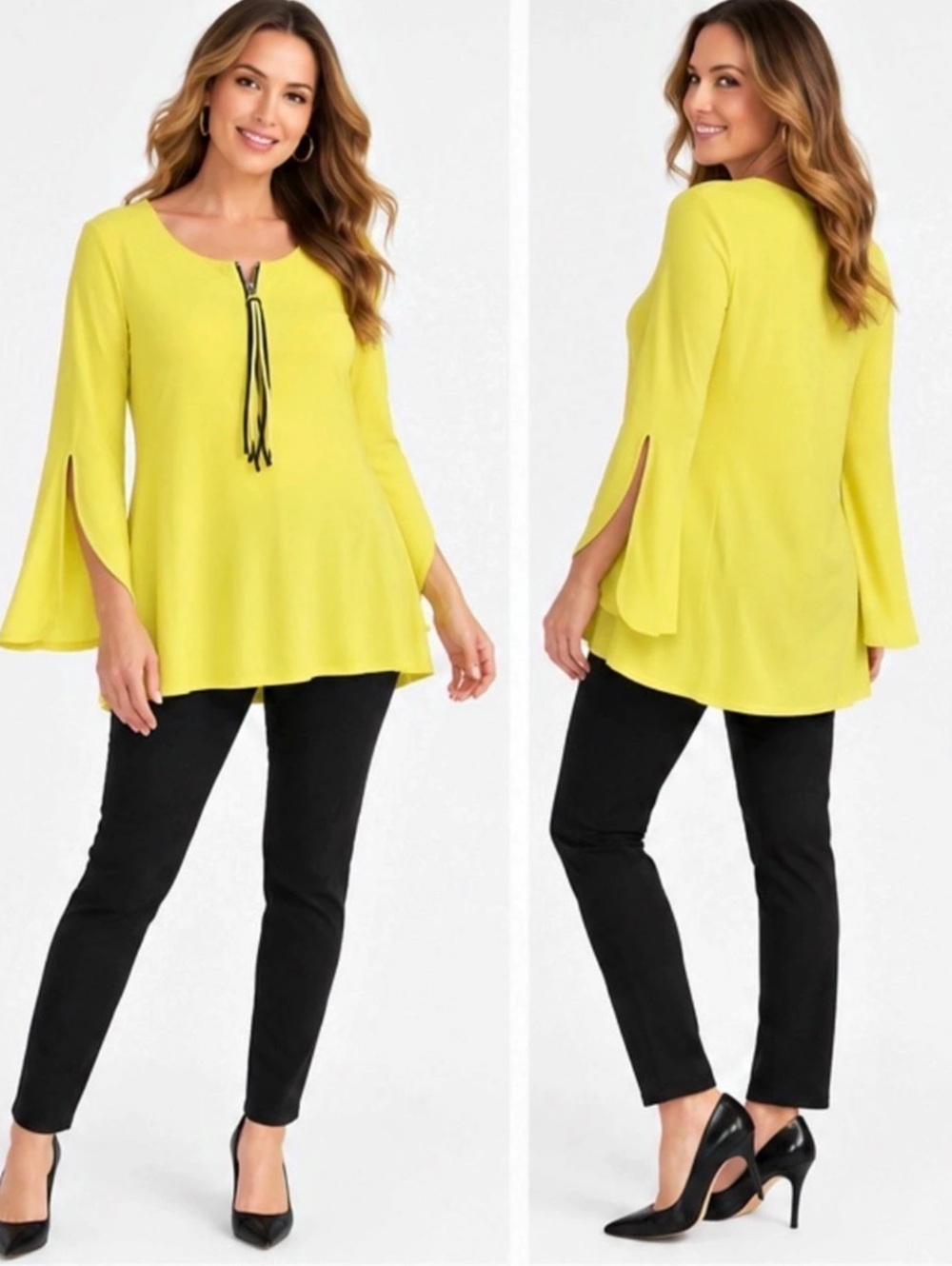 Joseph Ribkoff Size 10 Yellow Zip Front Tunic Blouse Split Bell Sleeves Made in